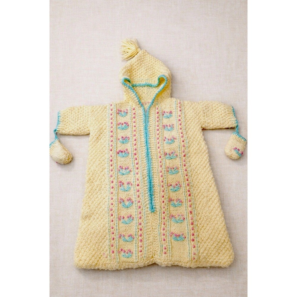Vintage 70s Baby Hand Knit Hooded Bunting Coat Yellow Floral Crochet 6-12M
